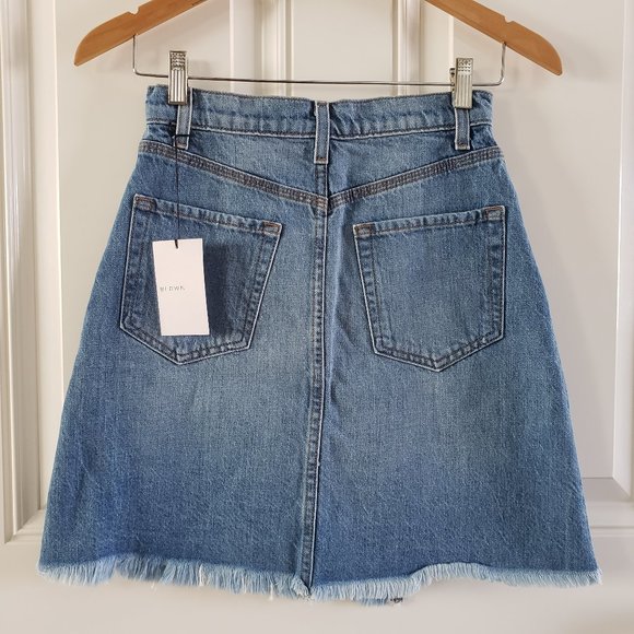 BLDWN Andie Asymmetric Frayed A Line Blue Denim Skirt SZ 24 - Picture 5 of 15
